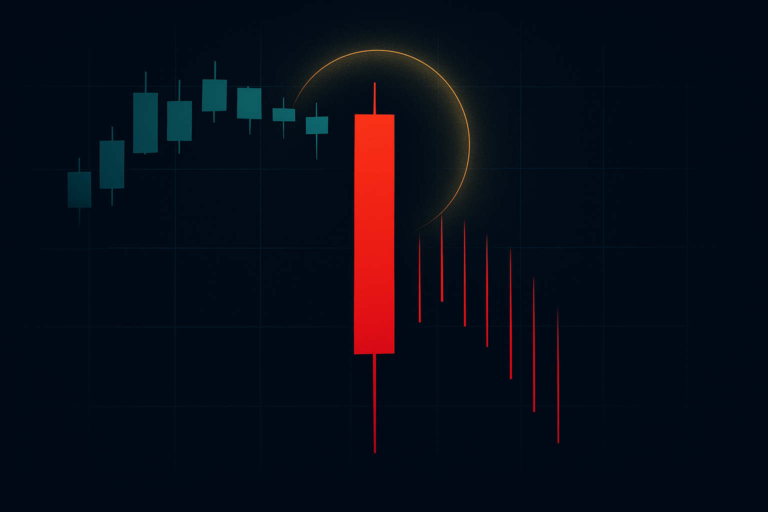 A sharp red drop with cascading liquidation wicks under a gold warning halo.